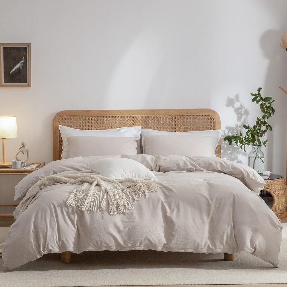 Beige Duvet Cover Queen, 100% Washed Cotton Linen Like Textured 3 Pieces Bedding